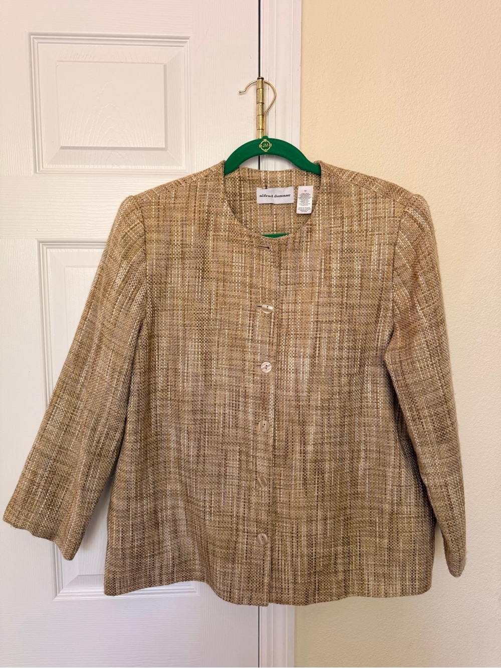Alfred Dunner Beige Tweed Collarless Blazer Jacket size 12
